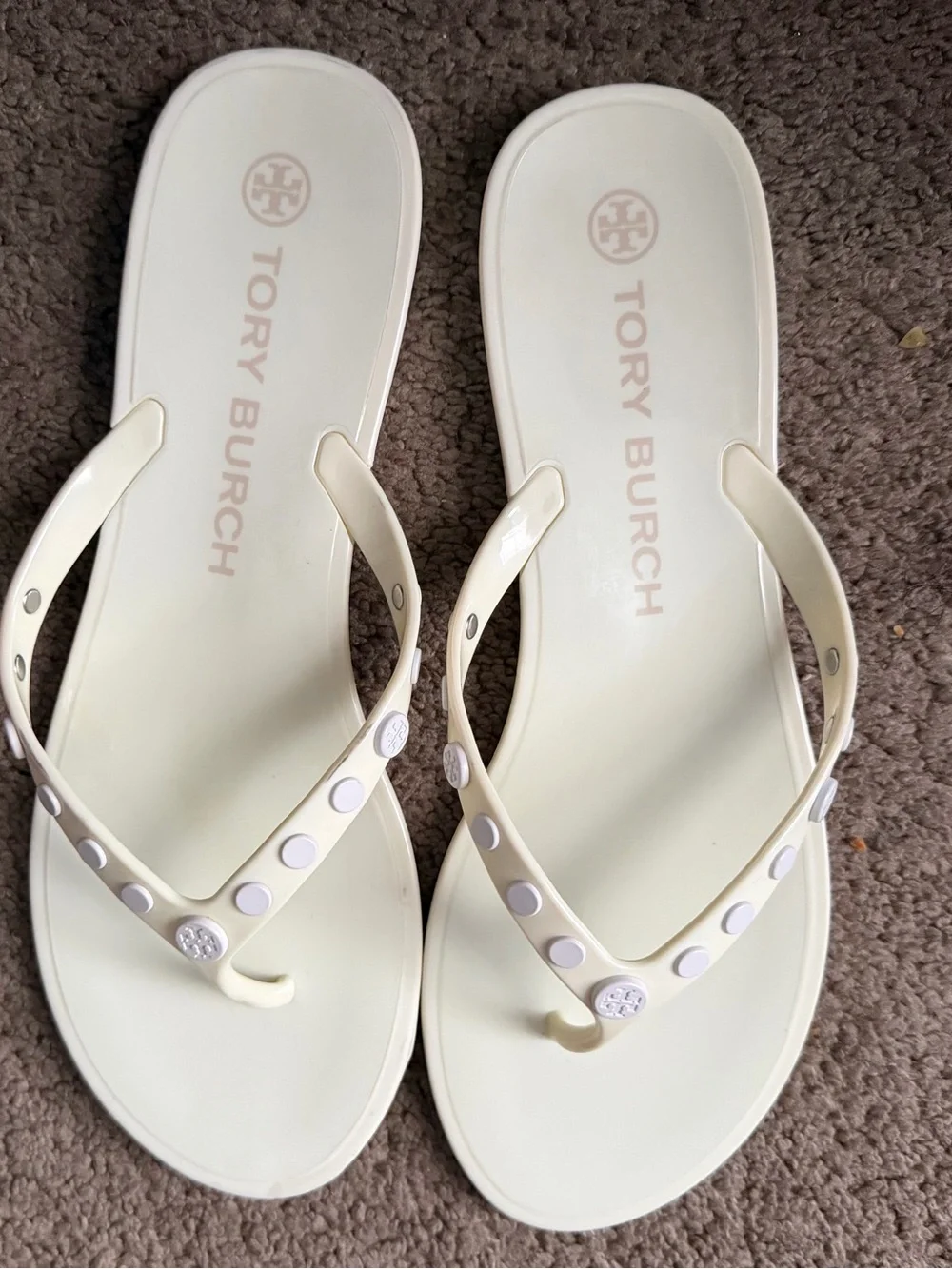 Tory Burch Ivory Studded Jelly Thong Sandals